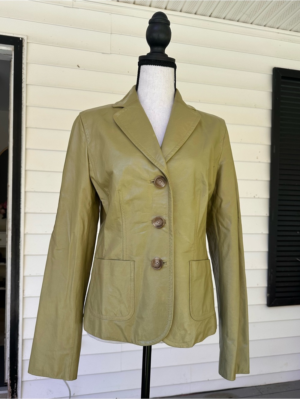 Ann Taylor - Women’s, Olive Green, Leather, Blazer, Jacket, 3 Button Front, Sz S